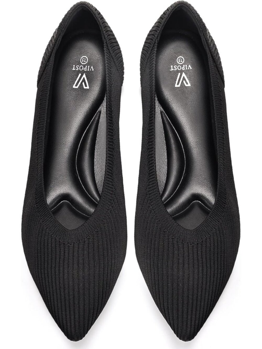 Women's Black Pointed Toe Comfort Foldable Slip On Dressy Knit Ballet Flat Shoes